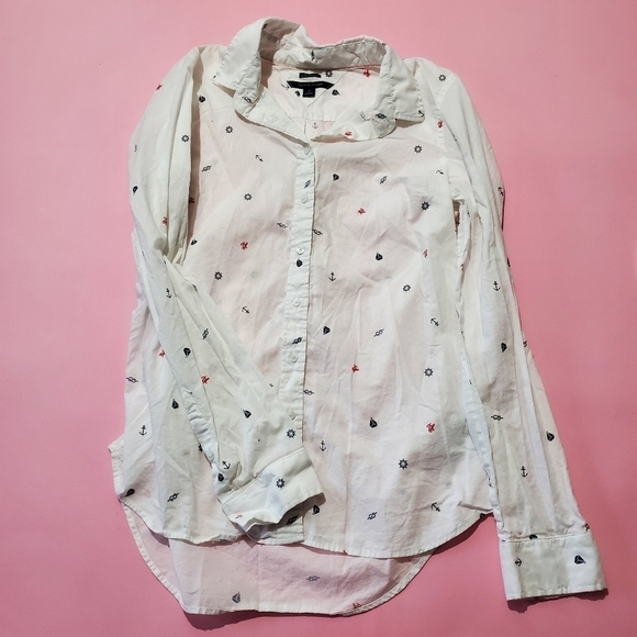 ⛵ Tommy Hilfiger Nautical Anronor Steering Wheel Print Button Up Long Sleeve ⛵ - Picture 1 of 6